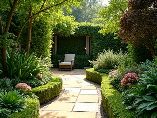A beautifully designed residential garden with stone pathways and layered planting.