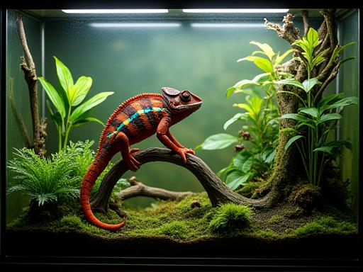 A stunning, large glass terrarium with live plants, branches, and a panther chameleon.